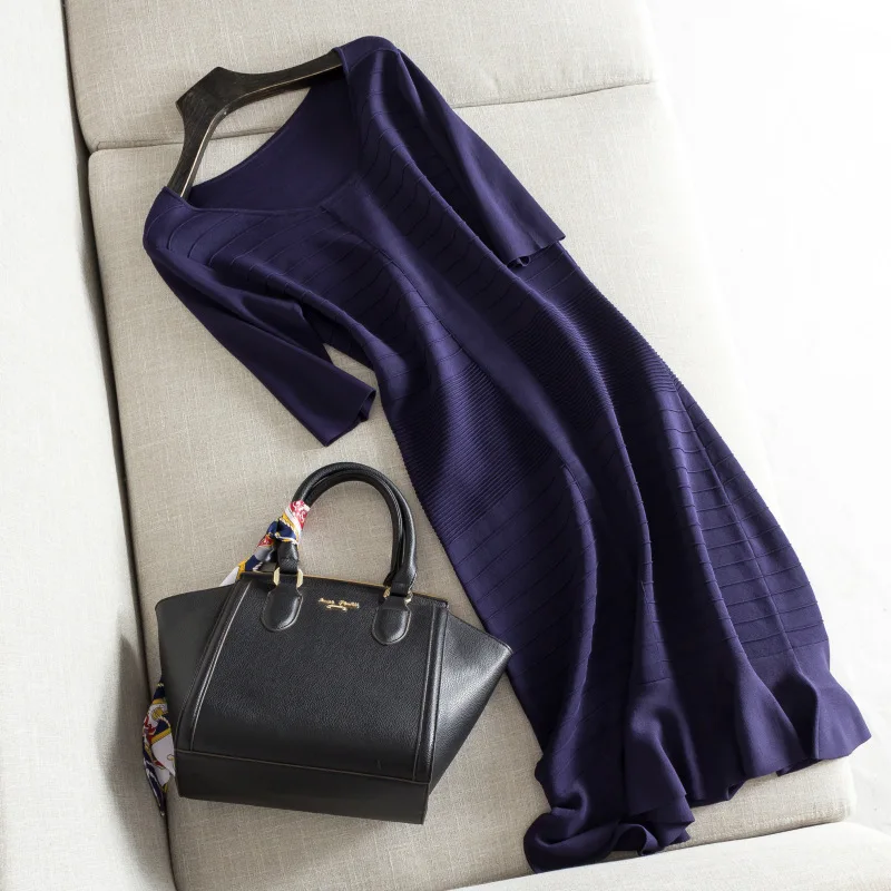 

Autumn new women's dress high-end boutique five-point sleeves waist fishtail knit ladies dress