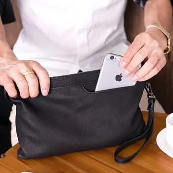 

New Genuine Leather Men Handbags Pocket Sheepskin Day Clutches Large Capacity Soft Leather Envelope Hand Bag Purse