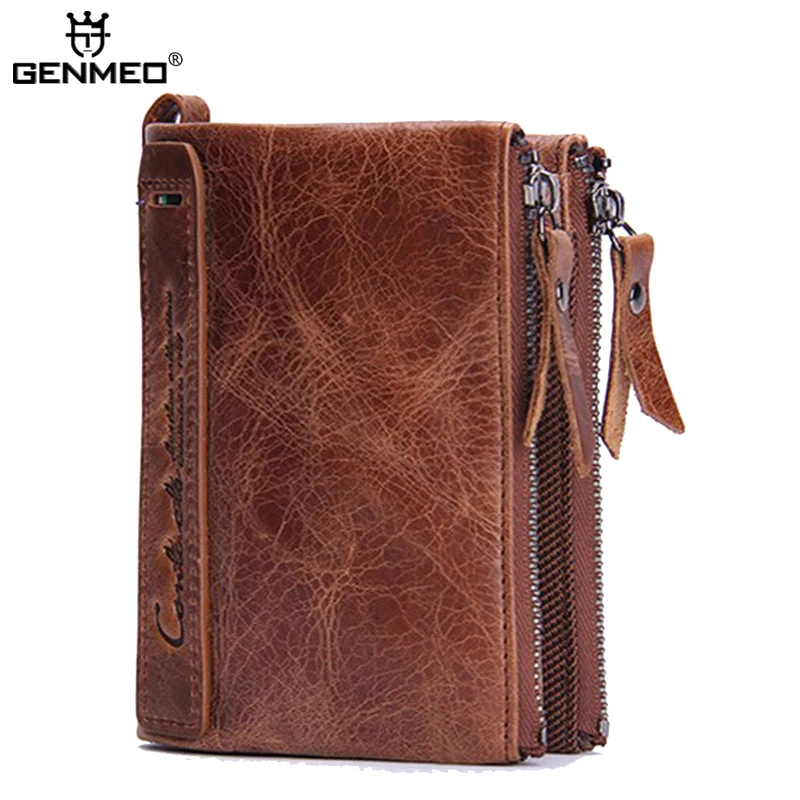 

GENMEO New Arrival Genuine Leather Wallet Men Cow Leather Purse with Card Holders Men Clutch Bag with Zipper Coin Purse Bolsa