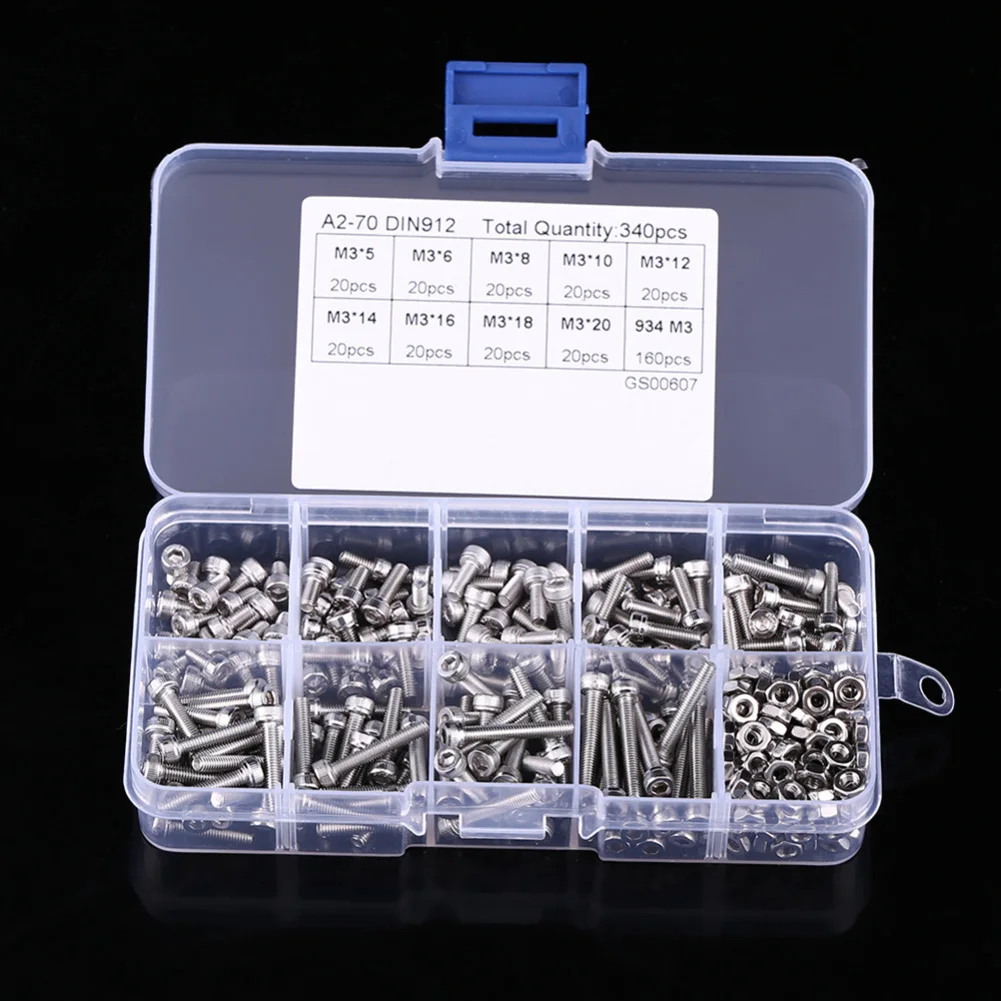 

340Pcs/Box Hex Screws Bolts Nut Set Stainless Steel M3 Cap Head Fastener Kit with Storage Box JDH99