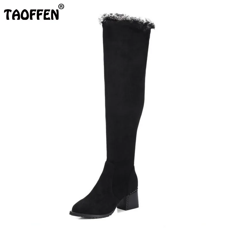 

TAOFFEN Size 33-41 Warm Real Leather Winter Shoes Women Thick High Heel Over Knee Snow Boots Women Zip Pointed Toe Elastic Bota