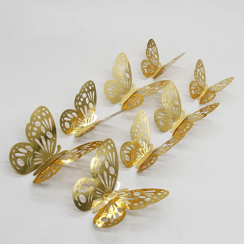 12pcs Gold Silver Butterflies Hollow Mirror 3D Wall Stickers Wedding DIY Birthday Home Decor Decoration Party Favors 62064