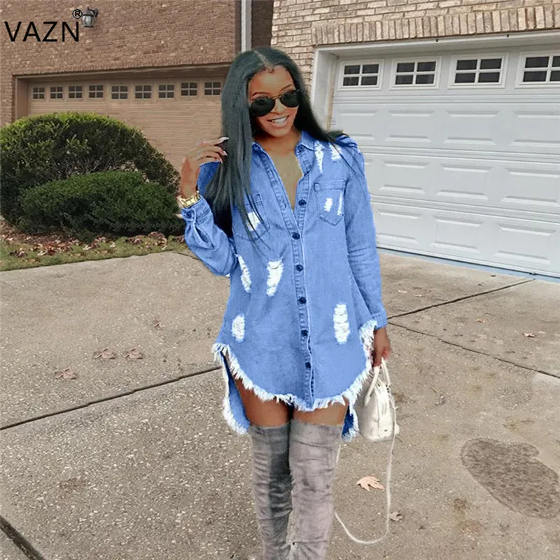

VAZN Autumn 2019 Casual Fashion Top Design Women Dress Solid Full Sleeve High Street Style Loose Mini Denim Dress OD8217