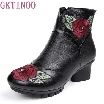 

Genuine Leather Winter Women Shoes Fashion Embroider High heels Round Toe Floral Ankle Boots Square Heels Size 35-41