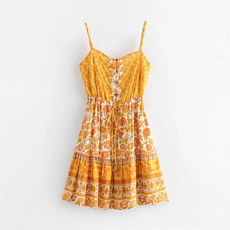 

Bohemian Sexy Mini Dress Spaghetti Strap Chic Drawstring Slim Floral Print Sun Dress Women Beach Party Mini Vestidos