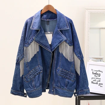 

European Style Jeans Jacket Womens Heavy Duty Chain Tassel Motorcycle Denim Jackets 2020 Autumn Female Loose Denim Coat Outwear