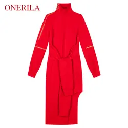 ONERILA 2018 уникальные элегантные для женщин длинный рукав нерегулярные красное платье отложной воротник на молнии Bodycon Вечерние офисные пл