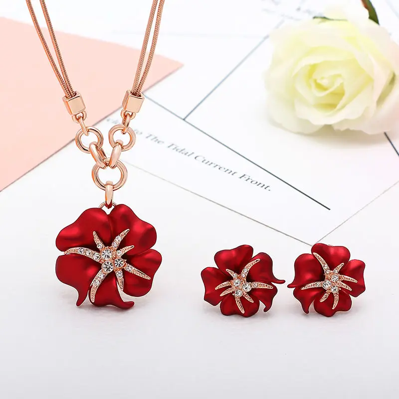 

Rose Gold-color CZ Crystals Red Sea Starry Night Pierced Stud Earrings and Necklace Set,15"+1.77