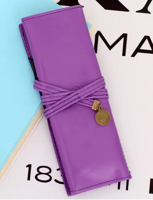 Винтажный кожаный большой емкости школьный рулон Пенал школьный пенал школьные принадлежности модная косметичка - Цвет: Фиолетовый