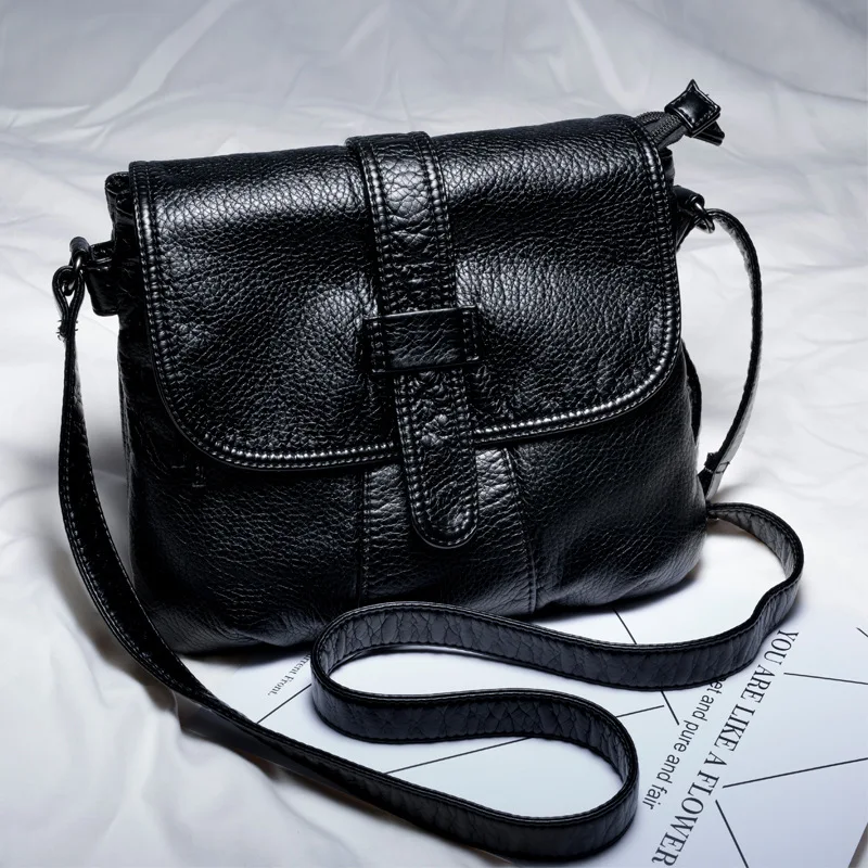 Annmouler Fashion Women Crossbody Bag Black Soft Washed Leather Shoulder Bag Small Size Messenger Bag Quality Lady Purse