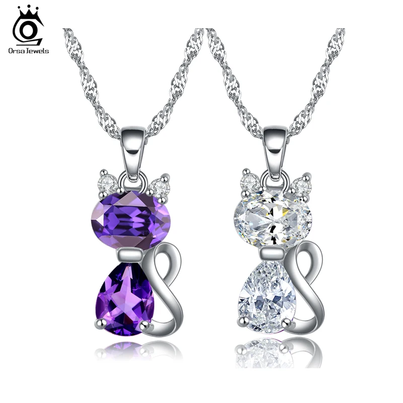 

ORSA JEWELS 2019 Fashion Jewels Cute Cat Pendants Necklace with 1.8 Carat Austrian Cubic Zirconia Necklace for Women ON77