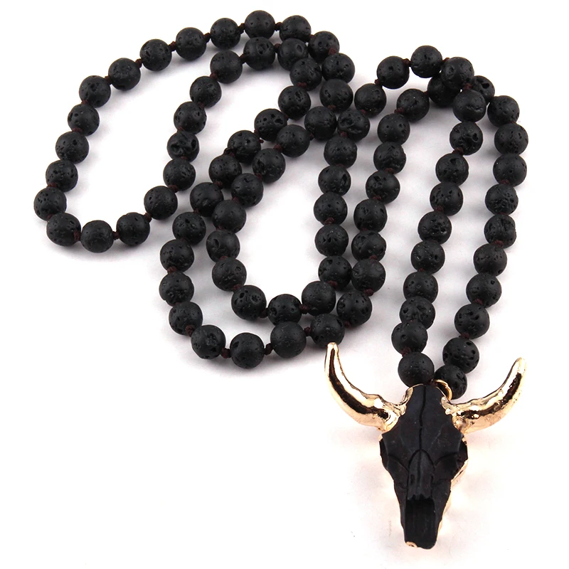 Fashion Bohemian Jewelry Long Knotted Stone Beads 3 Color Horn Pendant Necklace For Women Ethnic Necklace