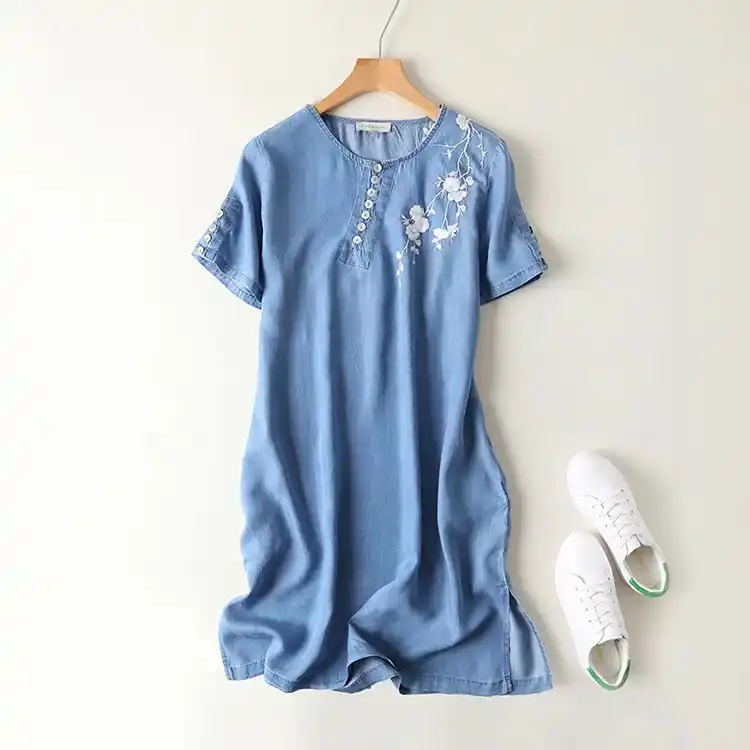 Embroidery Soft Jeans Dress Women Short Sleeves Casual Oblique Buttons summer Tencel denim dresses cotton light blue o neck Embroidery Soft Jeans Dress Women Short Sleeves Casual Oblique Buttons summer Tencel denim dresses cotton light blue o neck