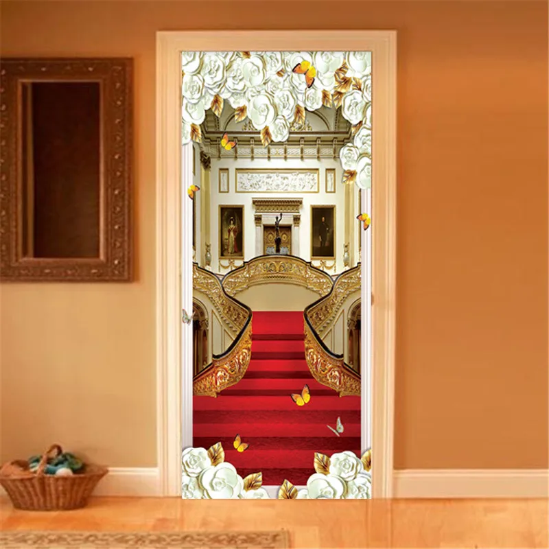 European Style Door Sticker 3D Stairs Red Carpet Wallpaper Living Room Hotel Home Decor Luxury Design Door Decals Wall Stickers