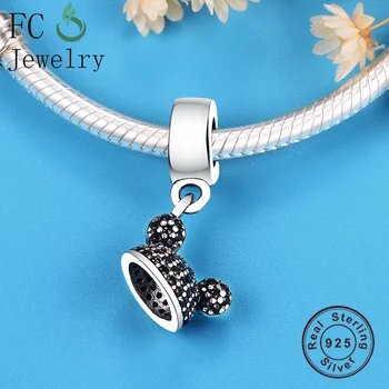 

Genuine 925 Sterling Silver Mickey Hat Ears Dangle Charm Pave Cubic Zircon Fit Orignal Pandora Charm Bracelet European Berloque