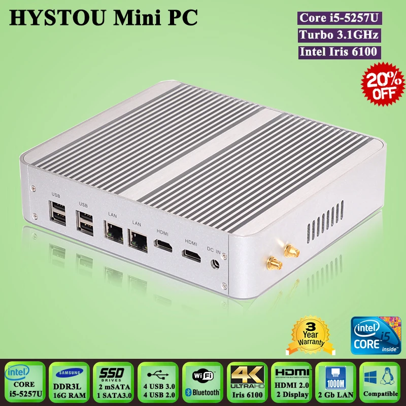 Бродуэлл Безвентиляторный i5 Мини-ПК Windows 10 Iris 6100 HTPC TV Box Intel Core i5 5257U Dual LAN Mini PC HDMI Mini ITX Игры компьютер