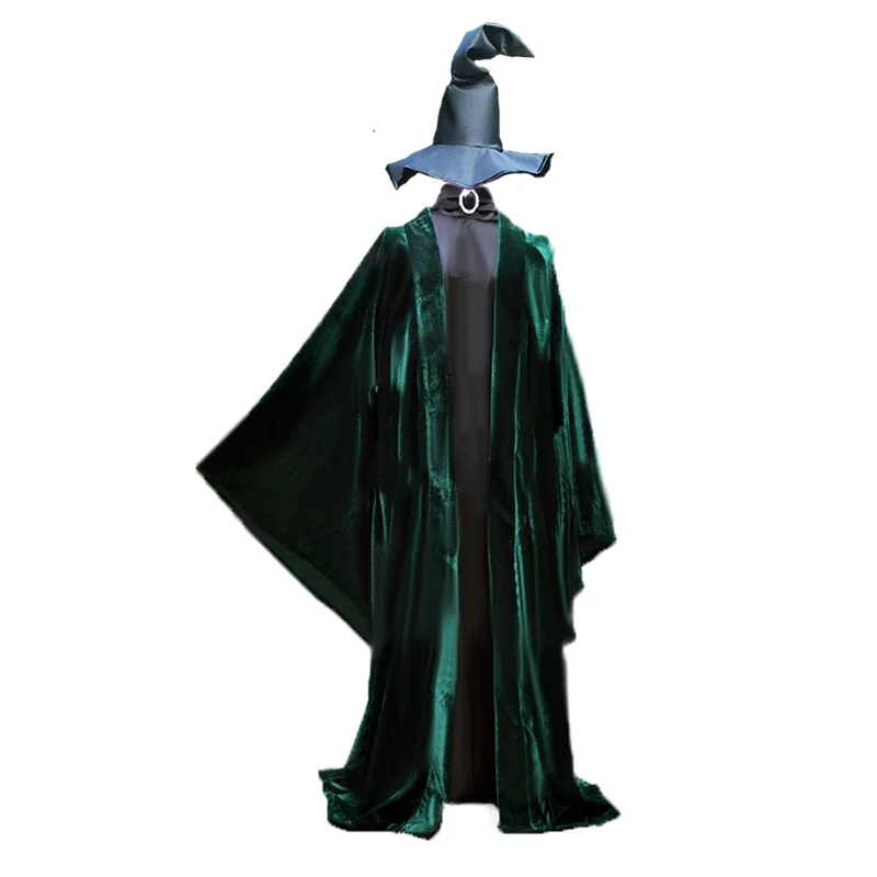 

2018 Minerva McGonagall Dress Cosplay Costume Dark Green Cloak Trench Cloak+Hat
