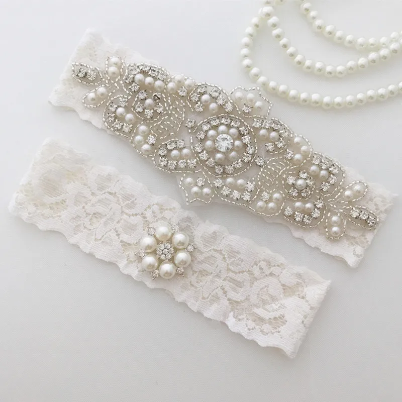 Wedding Bridal Garter Set Crystal Rhinestone & Pearl on a WHITE Lace Toss Garter
