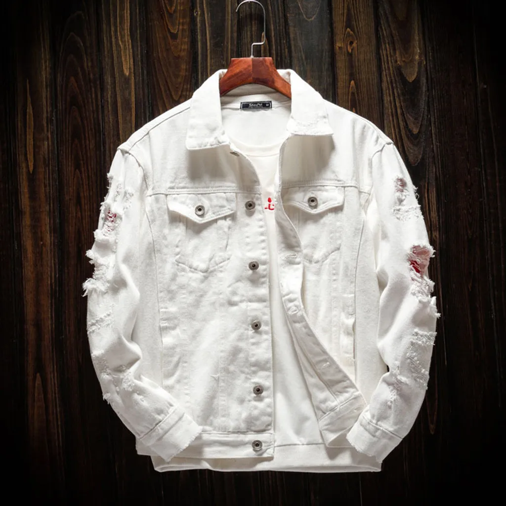 

Solid White Denim Jacket Coat 2019 Men's Autumn Winter jeans Jackets Casual Long Sleeve Turn-down Collar Coat Plus Size