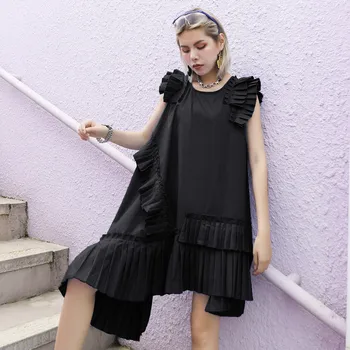 

2020 Summer Women's Dresses Irregular Round Neck Korean Dress Solid Sleeveless Stitching Large Size Pleated Dresses For Woman