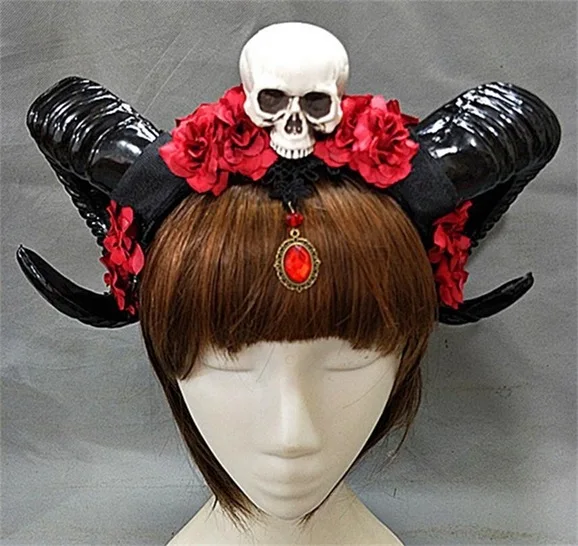 Halloween Skull Accessories - Devil Floral Horns Headpiece with Veil - Fancy Dress Hair Accessories image 2