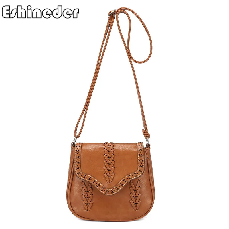 

Fashion Leather Women Crossbody Shoulder Bags Vintage Small Square Bag Handmade Weave Hollow Out Saddle Handbags