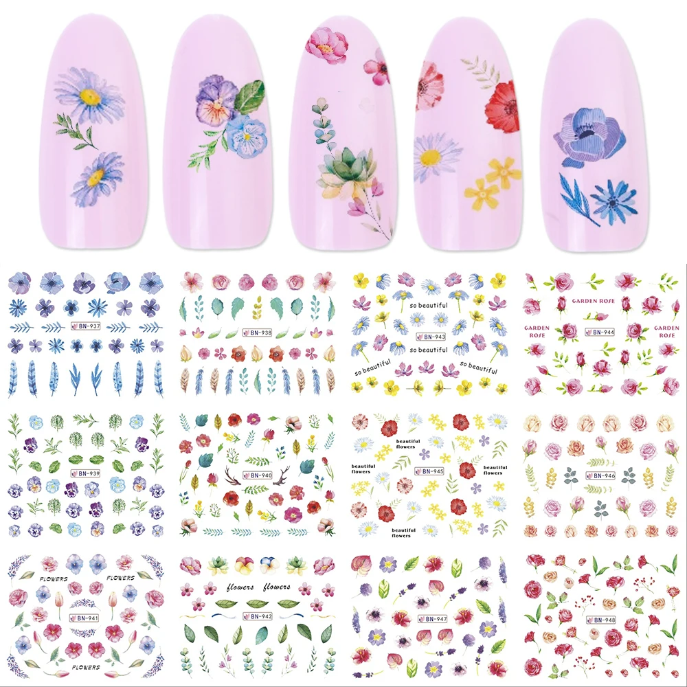 24 шт смешанные наклейки для ногтей с изображением фламинго, животных, цветов, листьев, черного ожерелья, слайдер для украшения ногтей, маникюрный набор, CHBN913-984