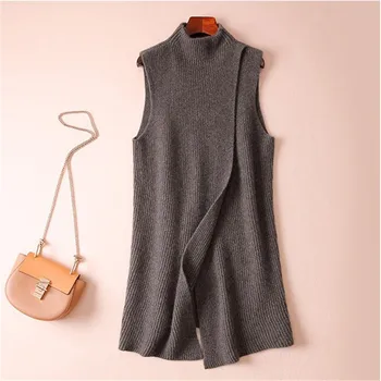 

Autumn and winter new loose long section half-high collar pullover cashmere split vest fashion knit solid color wool vest