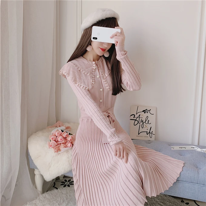 

Autumn and winter women's new lace Lapel elegant temperament waist slim knitted wool dress longer than knee