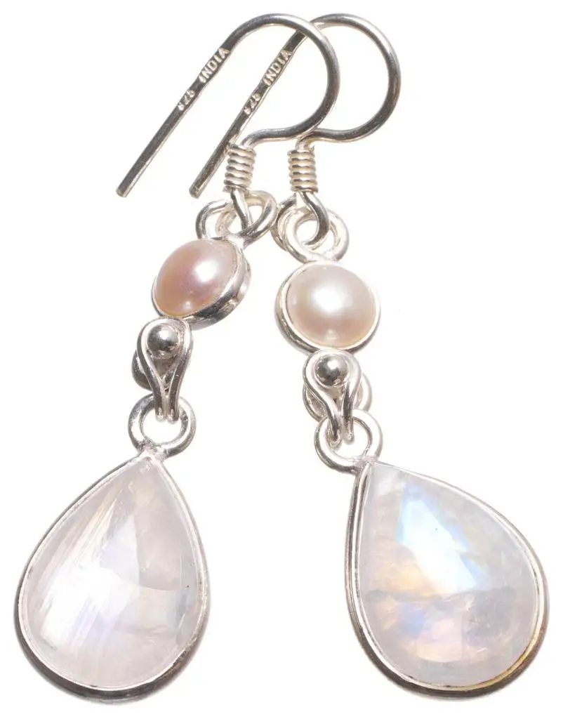 

Natural Rainbow Moonstone and River Pearl 925 Sterling Silver Earrings 1.75" U0961