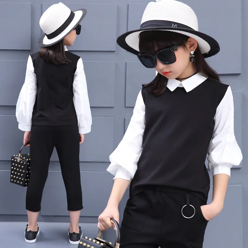 

little teenage girls clothing sets 12 years 2018 spring autumn white black blouses pants girls clothes suits 2 pieces sports set