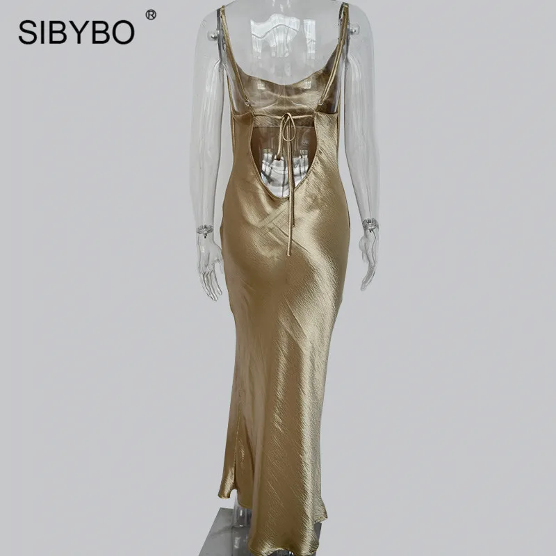 Женское длинное вечернее платье Sibybo, золотое обтягивающее платье макси на бретелях с открытой спиной с завязкой для вечеринки на лето и осень