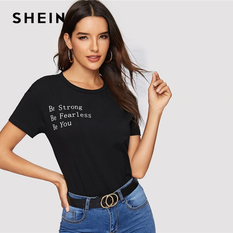 

SHEIN Black Slogan Print Round Neck Tee T Shirt Women 2019 Summer Highstreet Short Sleeve Minimalist Solid T-shirts Top