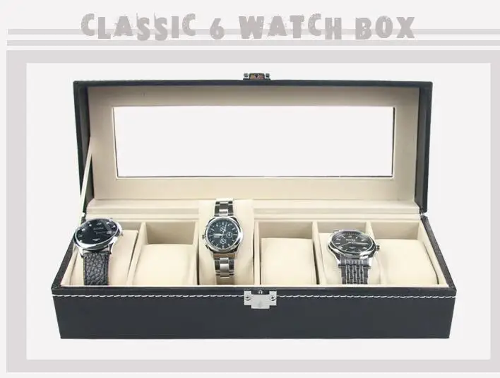 Коробка для часов черная 6 сетка кожаная модная коробка для часов Дисплей Чехол для хранения часов Органайзер коробка держатель коробка для ювелирных изделий браслет Органайзер