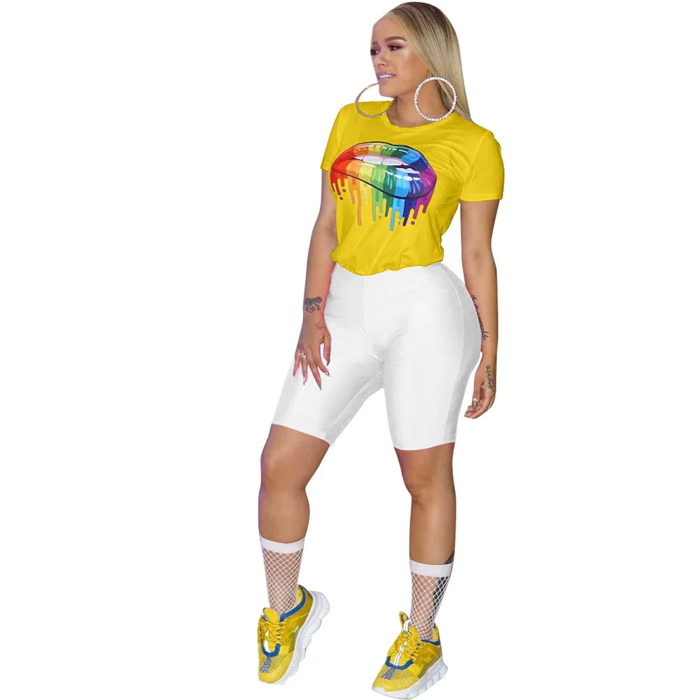 

2019 New Sexy Colour Lips Women Set 2 Piece Outfits Short Sleeve T Shirts and Knee Length Pants Suit Streetwear Yellow Pink