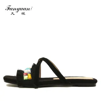 

Fanyuan Slippers Women Leather Sandals Summer Flip Flops Crystal Flats Shoes Woman sandalie Bohemian Beach Shoes Fringe Slides