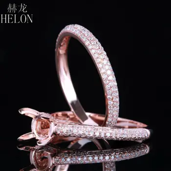 

HELON Solid 14k Rose God Natural Diamonds Match Band Women's Ring 6-7mm Round Semi Mount Engagement Wedding Diamonds Ring Sets