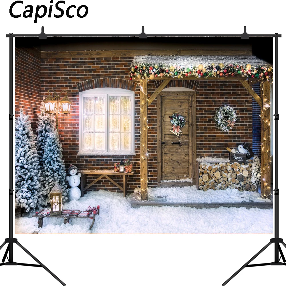 

Capisco Christmas Tree Wooden door Brick wall Baby Photography Backgrounds Customized Photographic Backdrops For Photo Studio