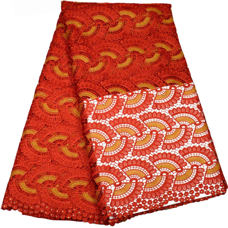 

Free shipping (5yards/pc) High quality African big cord lace fabric red and gold guipure lace fabric for party dress WLP62