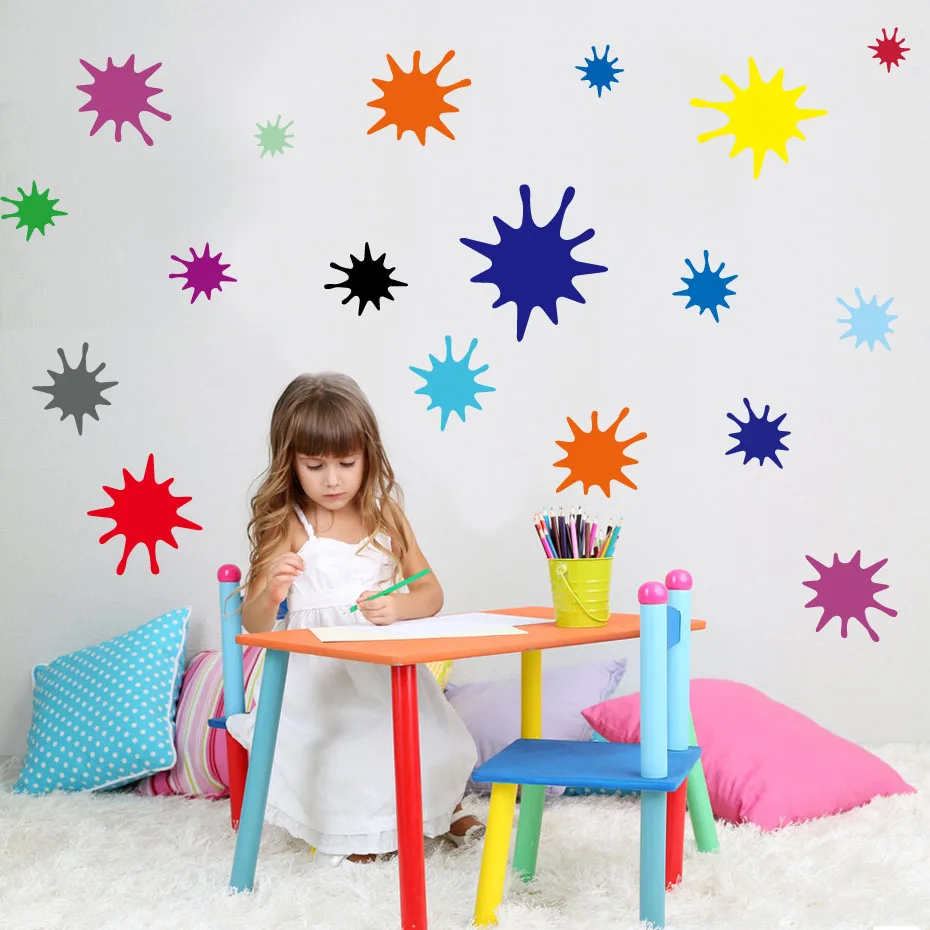 38PCS Rainbow Color Paint Splats Pack Room Decor Wall Decals Stickers Children Nursery Kids Bedroom Living Room Mural Wall Art
