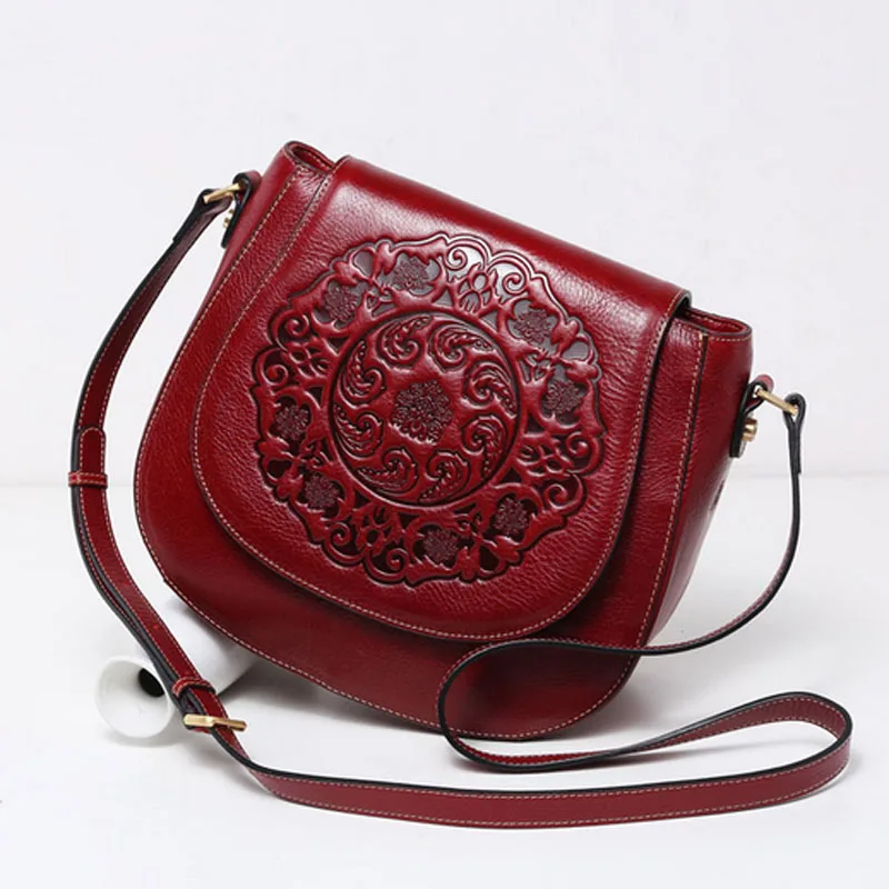 Women Genuine Leather Retro Shoulder Handbags Embossed Chinese Style