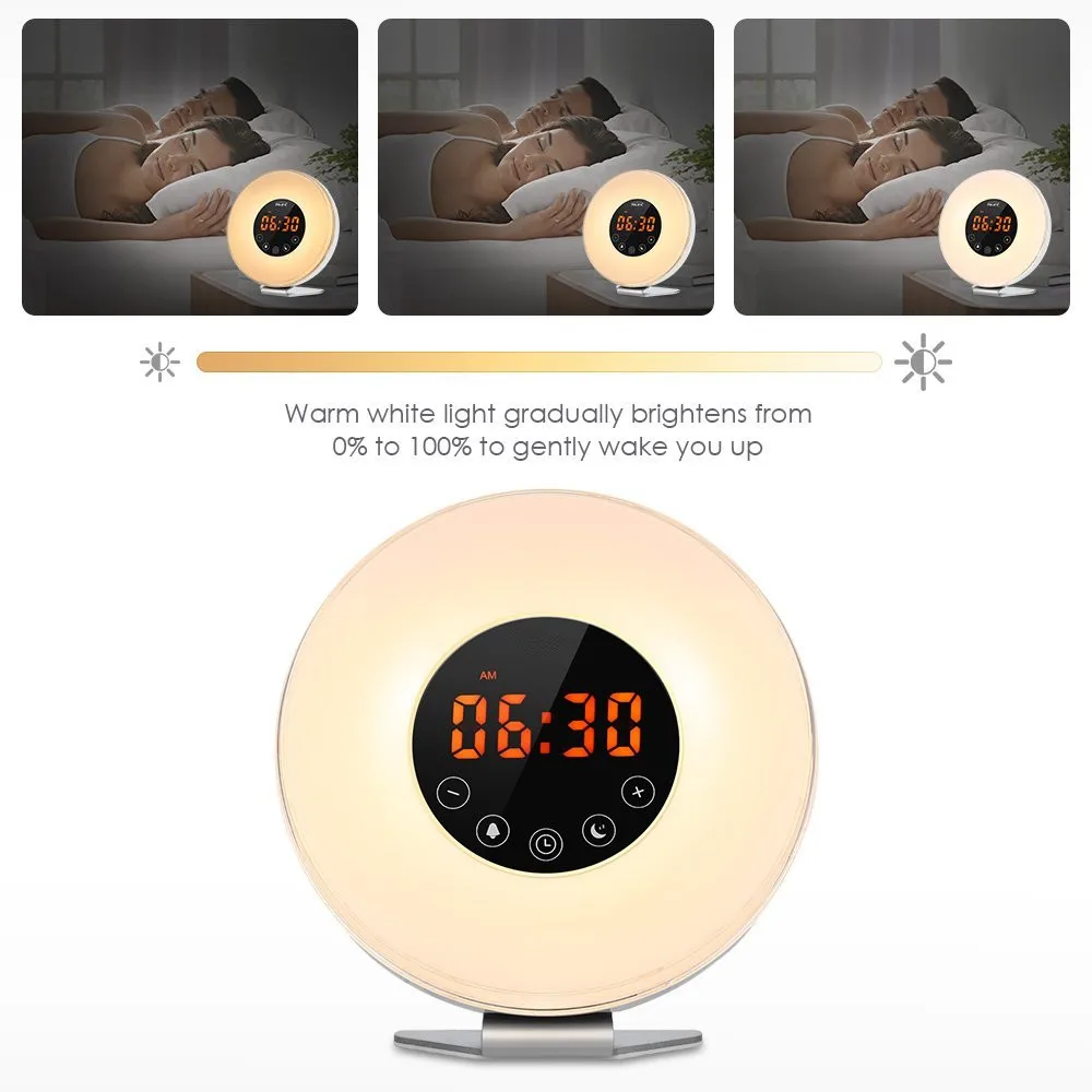 Светильник-будильник с функцией восхода солнца/заката, цифровые часы с fm-радио, 7 цветов, светильник с функцией сенсорного управления