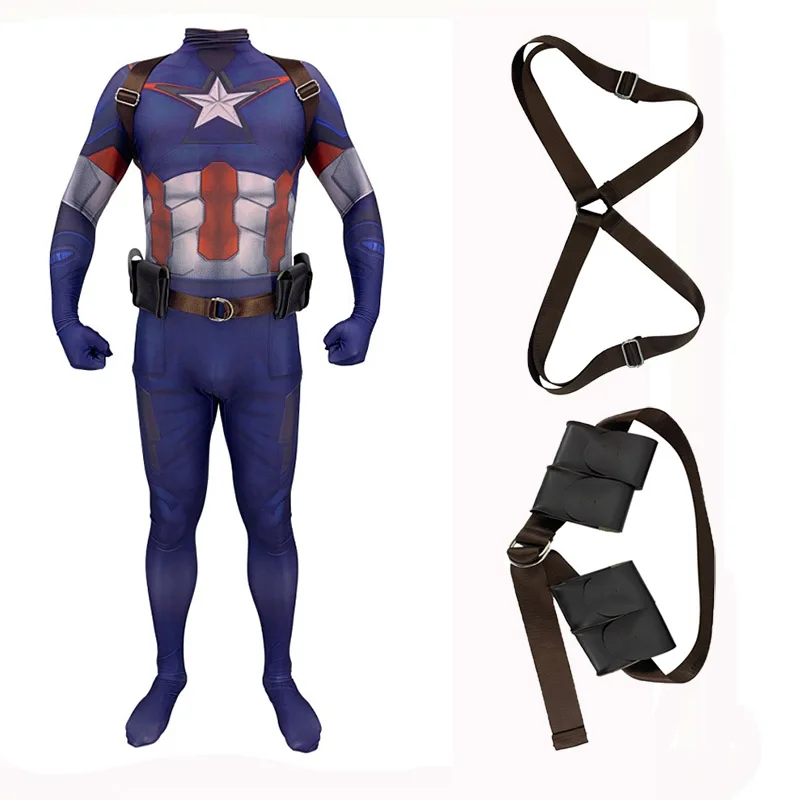 

Avengers Endgame Captain America Cosplay Costumes Bodysuits 3D Printed Lycra Zentai Jumpsuits with Belt/Strap for Adult kids