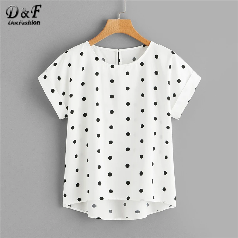 

Dotfashion Polka Dot Dip Hem Keyhole Back Blouse Women 2019 Summer Short Sleeve Casual Clothing Fashion Ladies Tops And Blouses