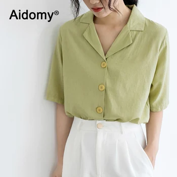 

Casual Linen Notched Short-Sleeve Shirt Women Summer Blouses 2019 Fashion Office Ladies Shirts Female Tops White Green Yellow