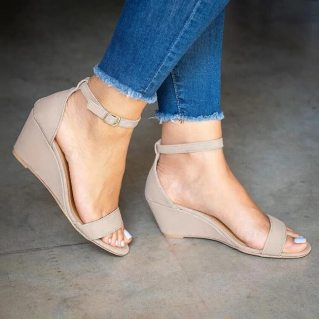 

SAGACE Shoes 2019 Summer Women Ladies Pure Color Flock Buckle Ankle Strap Large Size Casual Buckle Wedge Sandals Dropship May23