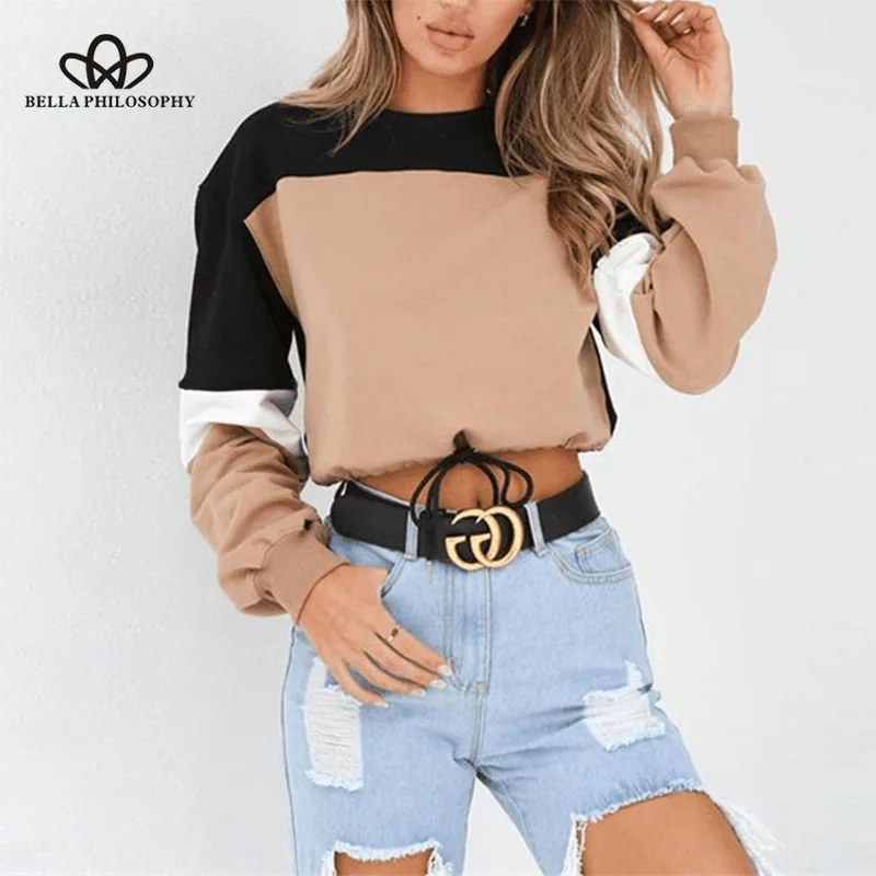 Wonder 2019 new Spring Long Sleeve Patchwork Women T Shirt Casual O-Neck Female Short Block Ribbed Shirt S-XL