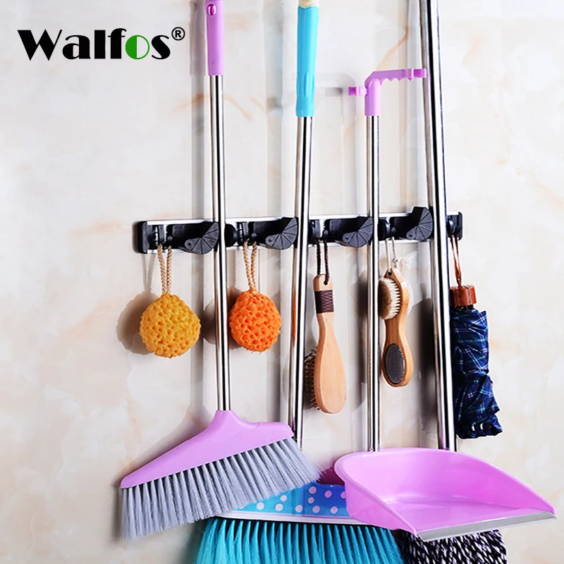 

Universal Kitchen Storage Tool Holder 4 Position With 5 Hooks Wall Mounted Storage Organizer Mop and Bathroom Holders Racks