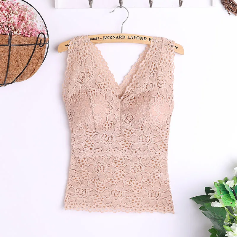 Women Floral Cami Padded Bra Tank Top Sexy Lace Cami Bralette Crochet Flower Bra Vest Women's Bra Crop Top - Цвет: Бежевый