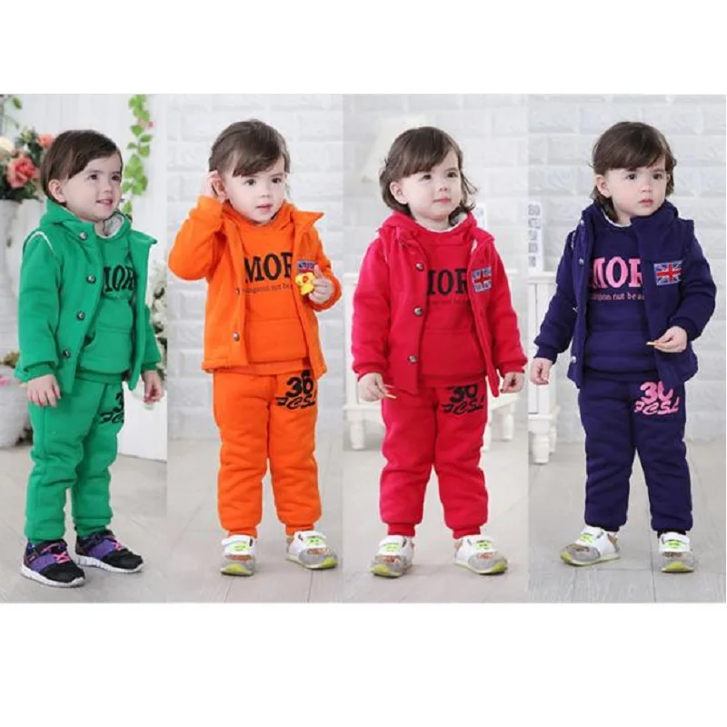 Fashion Baby Girls Clothes Suit Winter Fleece Boys Outerwear Trouser Hooded Coat Pant 3-pieces Clothing Set Children Sport Suits
